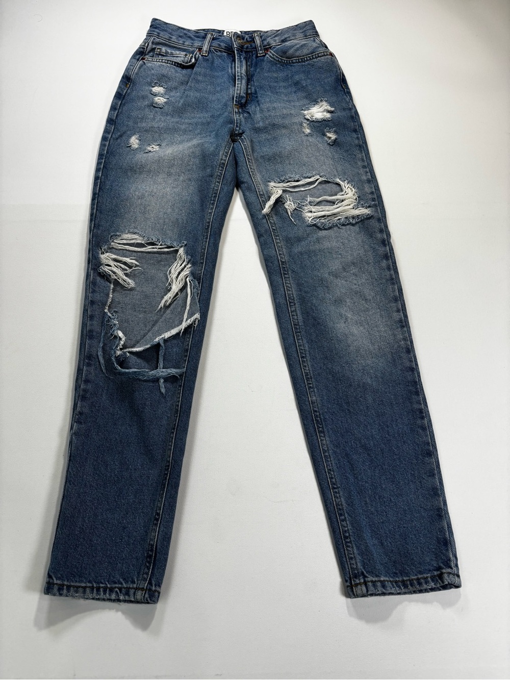 BDG Women's Blue Distressed Mom High Rise Straight-Leg Jeans